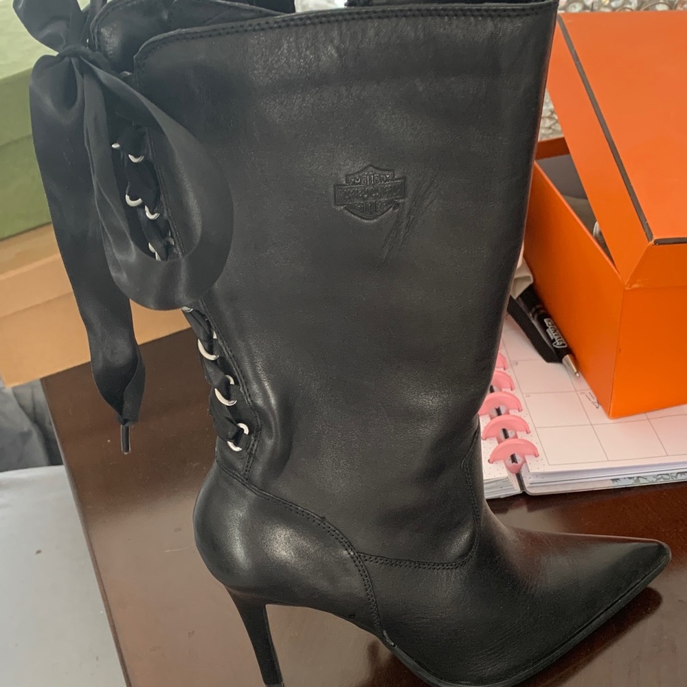 Harley-Davidson Black Heeled Boots with Ribbon Detail
